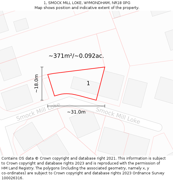 1, SMOCK MILL LOKE, WYMONDHAM, NR18 0PG: Plot and title map
