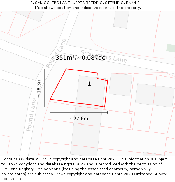 1, SMUGGLERS LANE, UPPER BEEDING, STEYNING, BN44 3HH: Plot and title map
