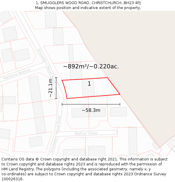 1, SMUGGLERS WOOD ROAD, CHRISTCHURCH, BH23 4PJ: Plot and title map