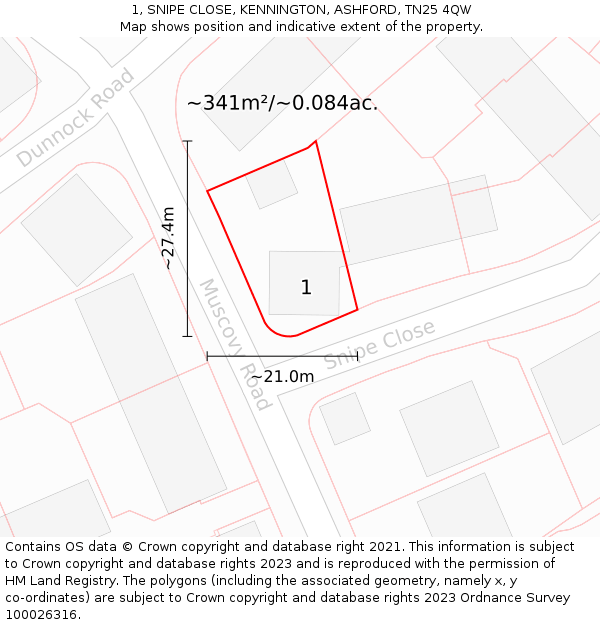 1, SNIPE CLOSE, KENNINGTON, ASHFORD, TN25 4QW: Plot and title map