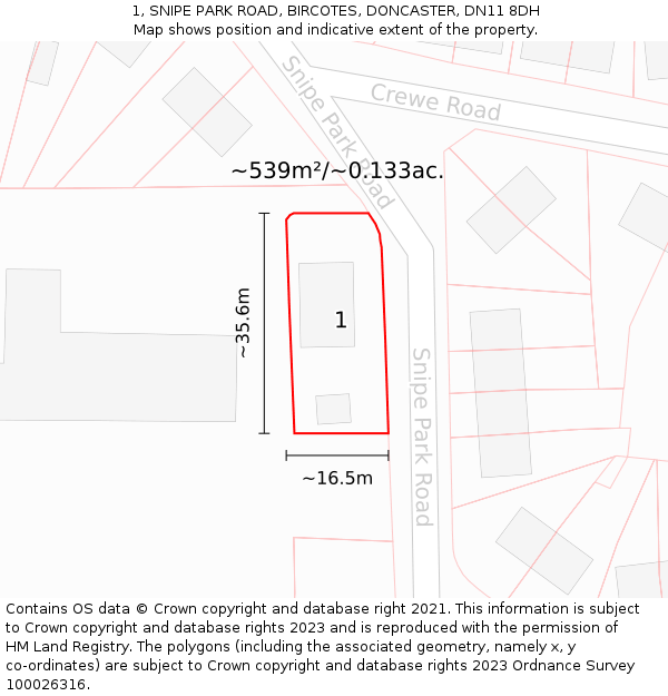 1, SNIPE PARK ROAD, BIRCOTES, DONCASTER, DN11 8DH: Plot and title map