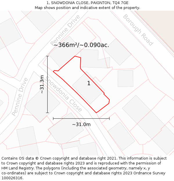 1, SNOWDONIA CLOSE, PAIGNTON, TQ4 7GE: Plot and title map