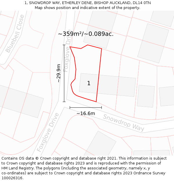 1, SNOWDROP WAY, ETHERLEY DENE, BISHOP AUCKLAND, DL14 0TN: Plot and title map