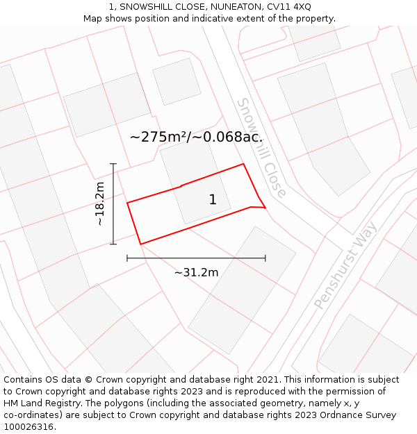 1, SNOWSHILL CLOSE, NUNEATON, CV11 4XQ: Plot and title map