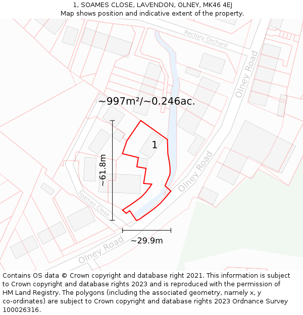 1, SOAMES CLOSE, LAVENDON, OLNEY, MK46 4EJ: Plot and title map