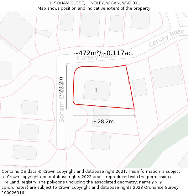 1, SOHAM CLOSE, HINDLEY, WIGAN, WN2 3XL: Plot and title map