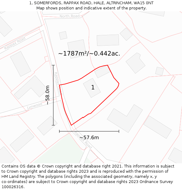 1, SOMERFORDS, RAPPAX ROAD, HALE, ALTRINCHAM, WA15 0NT: Plot and title map