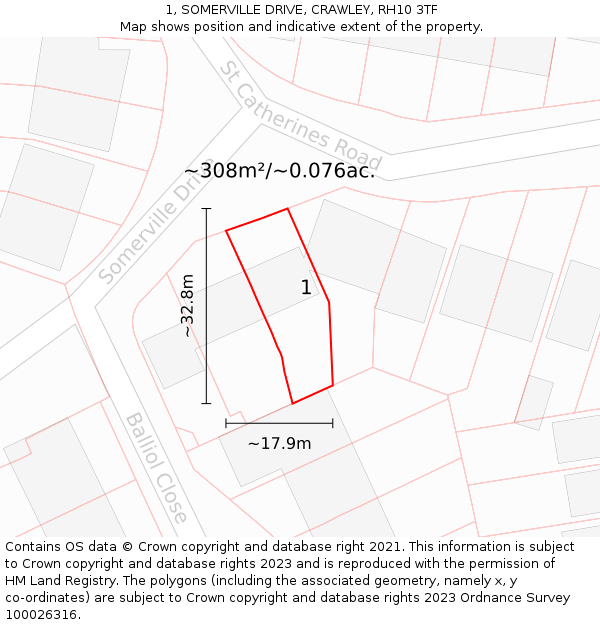 1, SOMERVILLE DRIVE, CRAWLEY, RH10 3TF: Plot and title map