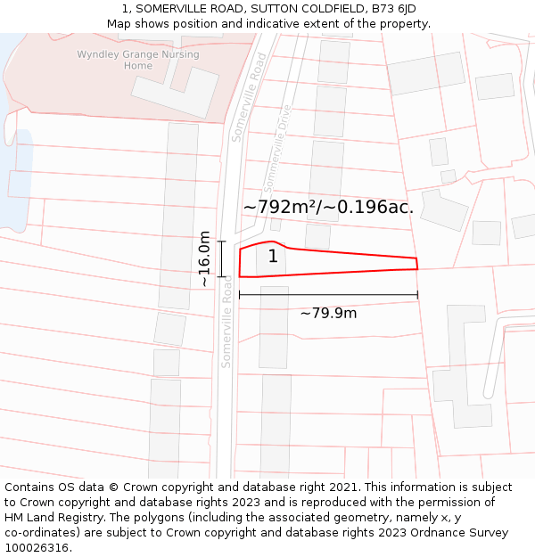 1, SOMERVILLE ROAD, SUTTON COLDFIELD, B73 6JD: Plot and title map