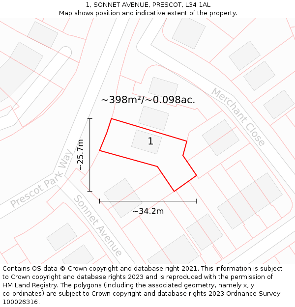 1, SONNET AVENUE, PRESCOT, L34 1AL: Plot and title map