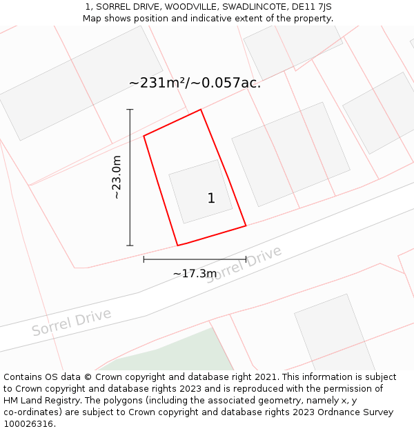 1, SORREL DRIVE, WOODVILLE, SWADLINCOTE, DE11 7JS: Plot and title map