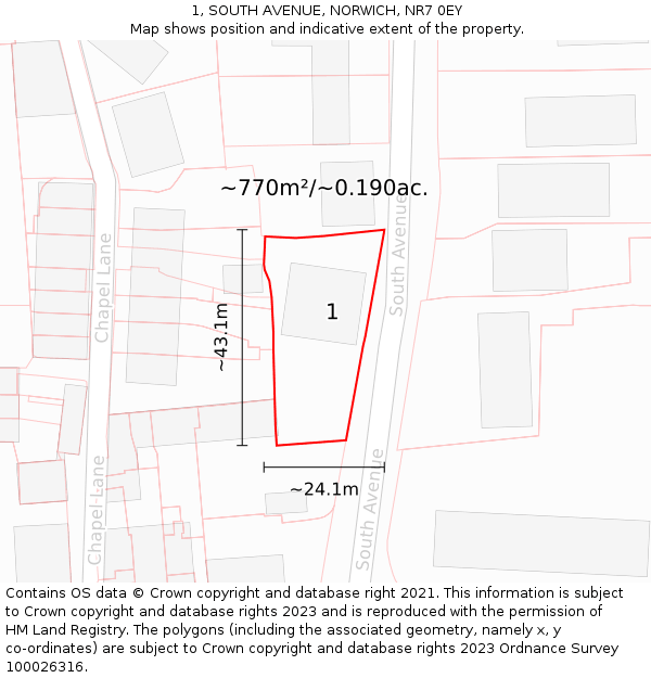 1, SOUTH AVENUE, NORWICH, NR7 0EY: Plot and title map