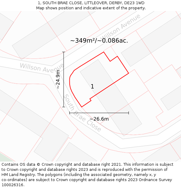 1, SOUTH BRAE CLOSE, LITTLEOVER, DERBY, DE23 1WD: Plot and title map