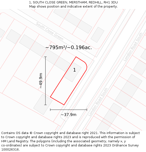 1, SOUTH CLOSE GREEN, MERSTHAM, REDHILL, RH1 3DU: Plot and title map