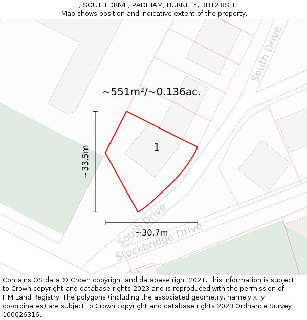 1, SOUTH DRIVE, PADIHAM, BURNLEY, BB12 8SH: Plot and title map