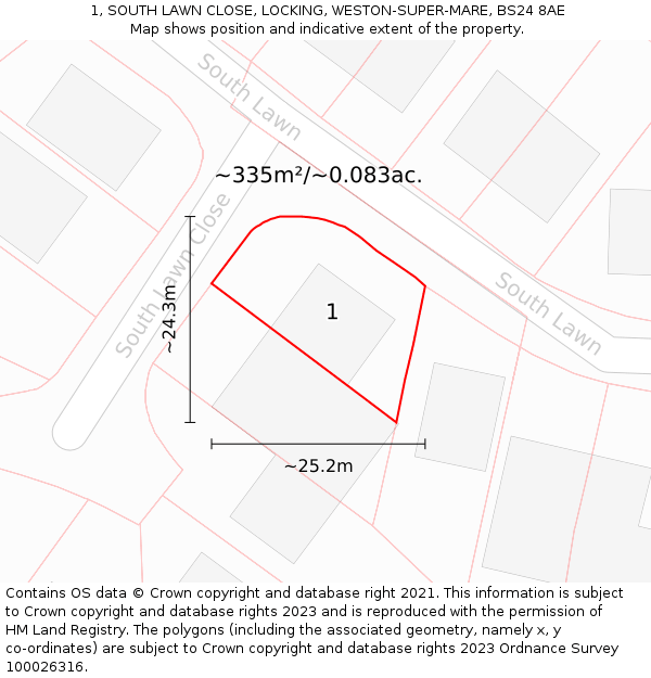 1, SOUTH LAWN CLOSE, LOCKING, WESTON-SUPER-MARE, BS24 8AE: Plot and title map