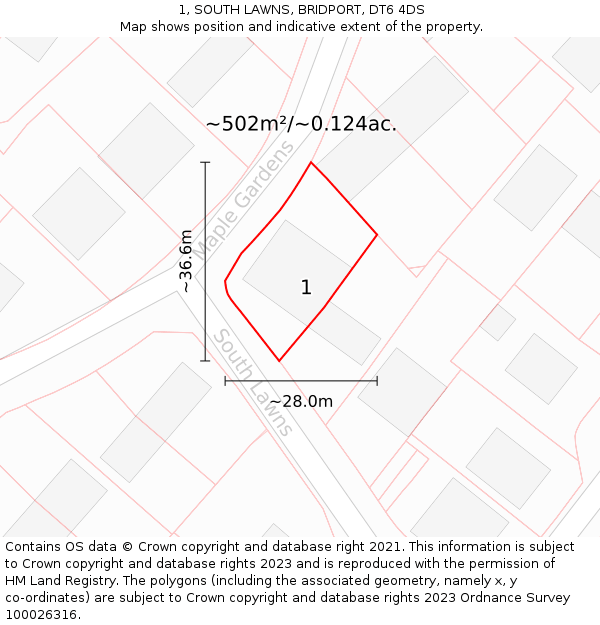 1, SOUTH LAWNS, BRIDPORT, DT6 4DS: Plot and title map