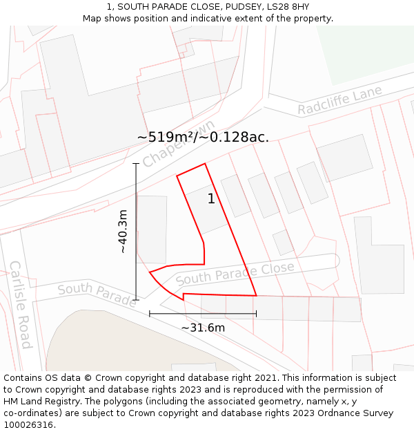 1, SOUTH PARADE CLOSE, PUDSEY, LS28 8HY: Plot and title map