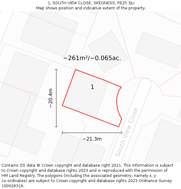 1, SOUTH VIEW CLOSE, SKEGNESS, PE25 3JU: Plot and title map