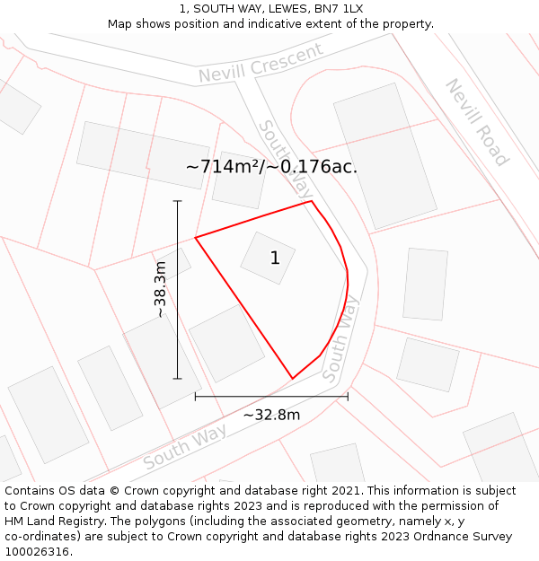 1, SOUTH WAY, LEWES, BN7 1LX: Plot and title map