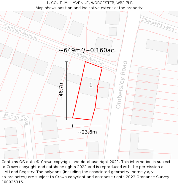 1, SOUTHALL AVENUE, WORCESTER, WR3 7LR: Plot and title map