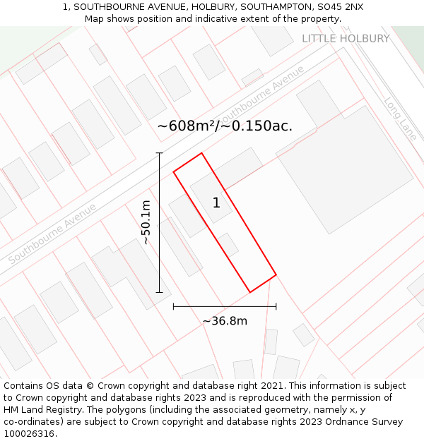 1, SOUTHBOURNE AVENUE, HOLBURY, SOUTHAMPTON, SO45 2NX: Plot and title map