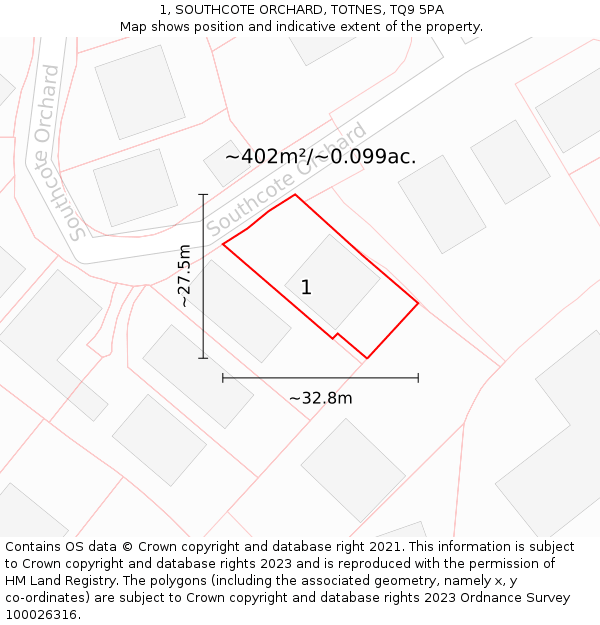 1, SOUTHCOTE ORCHARD, TOTNES, TQ9 5PA: Plot and title map