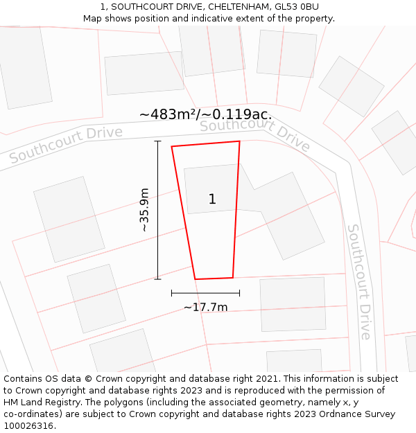1, SOUTHCOURT DRIVE, CHELTENHAM, GL53 0BU: Plot and title map