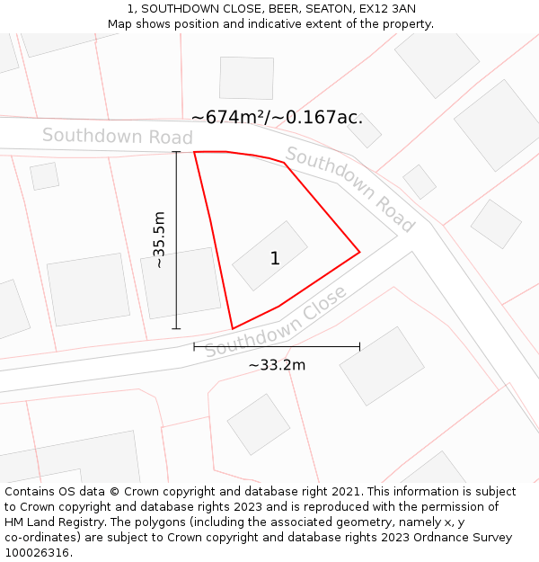 1, SOUTHDOWN CLOSE, BEER, SEATON, EX12 3AN: Plot and title map