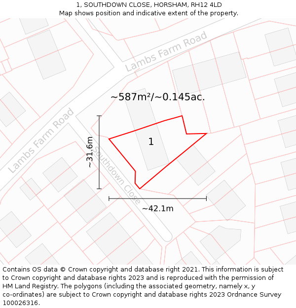 1, SOUTHDOWN CLOSE, HORSHAM, RH12 4LD: Plot and title map