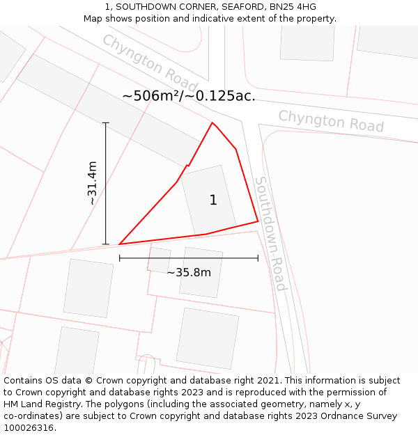 1, SOUTHDOWN CORNER, SEAFORD, BN25 4HG: Plot and title map