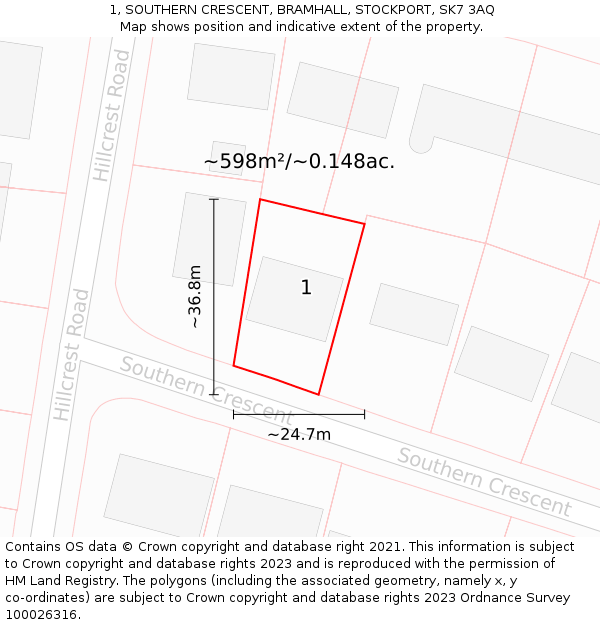 1, SOUTHERN CRESCENT, BRAMHALL, STOCKPORT, SK7 3AQ: Plot and title map