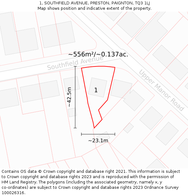 1, SOUTHFIELD AVENUE, PRESTON, PAIGNTON, TQ3 1LJ: Plot and title map