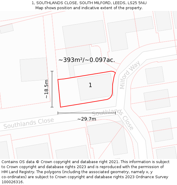 1, SOUTHLANDS CLOSE, SOUTH MILFORD, LEEDS, LS25 5NU: Plot and title map