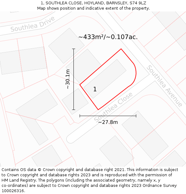 1, SOUTHLEA CLOSE, HOYLAND, BARNSLEY, S74 9LZ: Plot and title map