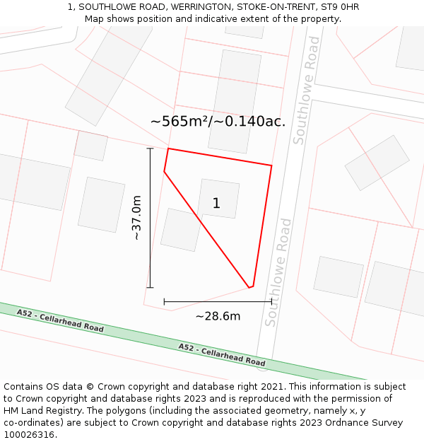 1, SOUTHLOWE ROAD, WERRINGTON, STOKE-ON-TRENT, ST9 0HR: Plot and title map