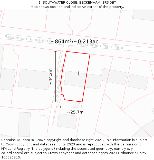 1, SOUTHWATER CLOSE, BECKENHAM, BR3 5BT: Plot and title map