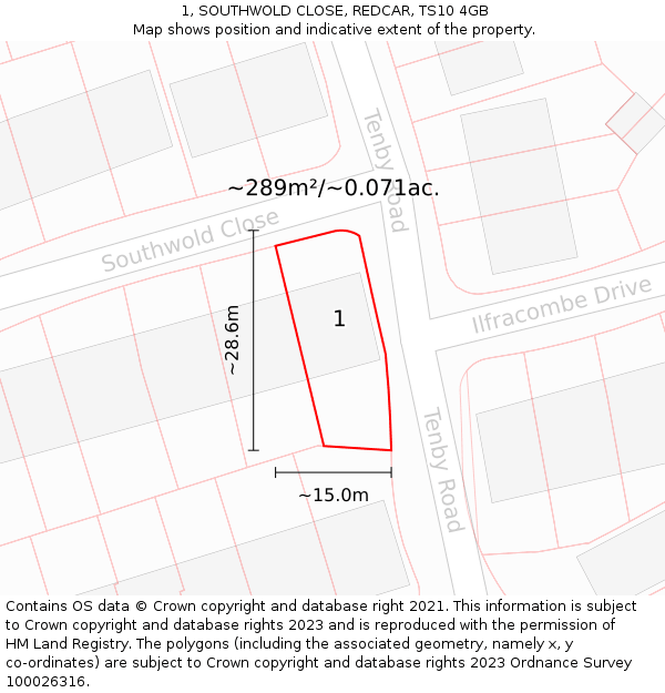 1, SOUTHWOLD CLOSE, REDCAR, TS10 4GB: Plot and title map
