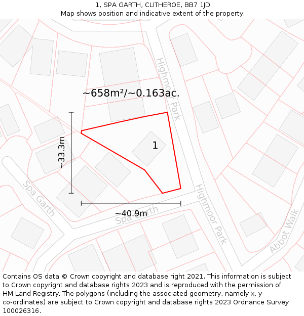 1, SPA GARTH, CLITHEROE, BB7 1JD: Plot and title map