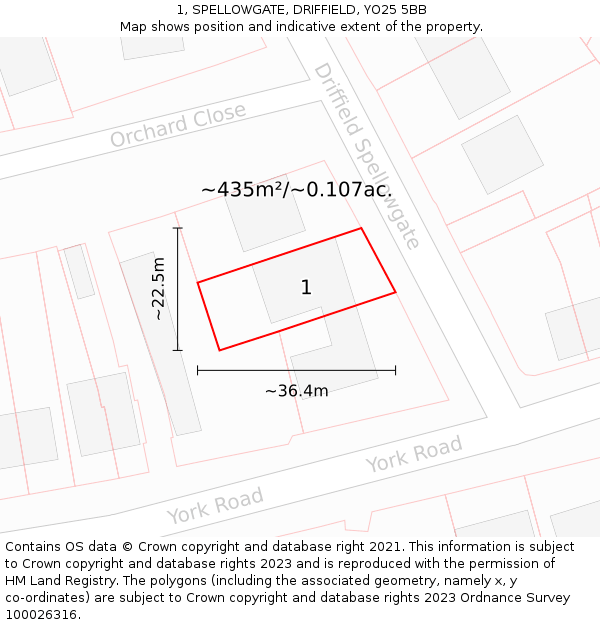1, SPELLOWGATE, DRIFFIELD, YO25 5BB: Plot and title map