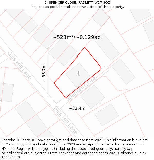 1, SPENCER CLOSE, RADLETT, WD7 8QZ: Plot and title map