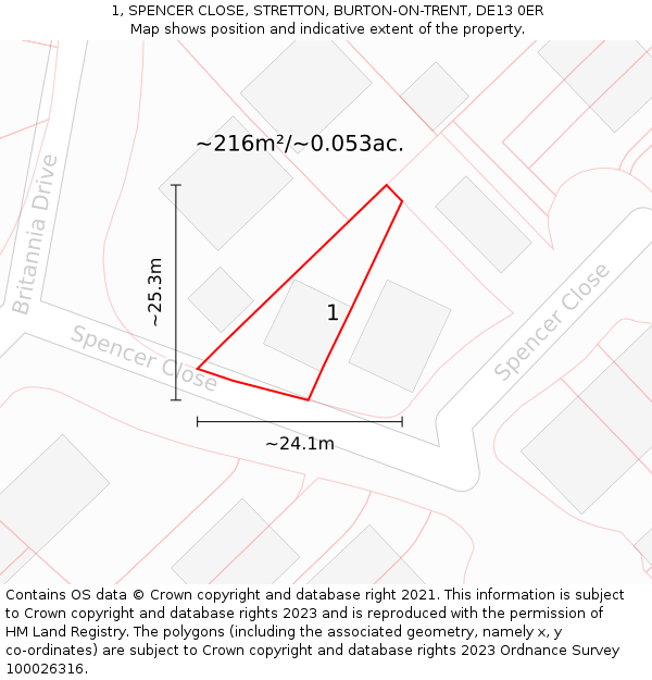 1, SPENCER CLOSE, STRETTON, BURTON-ON-TRENT, DE13 0ER: Plot and title map