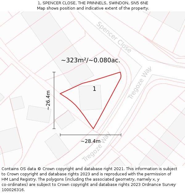 1, SPENCER CLOSE, THE PRINNELS, SWINDON, SN5 6NE: Plot and title map