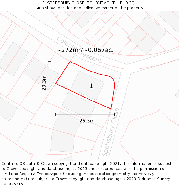 1, SPETISBURY CLOSE, BOURNEMOUTH, BH9 3QU: Plot and title map