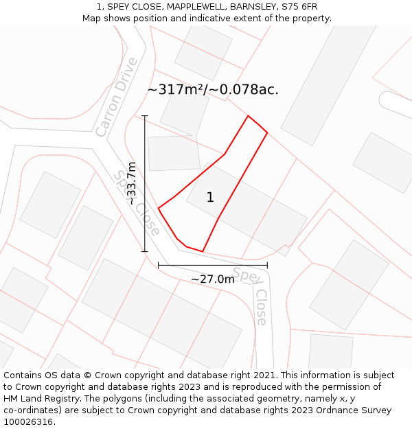 1, SPEY CLOSE, MAPPLEWELL, BARNSLEY, S75 6FR: Plot and title map