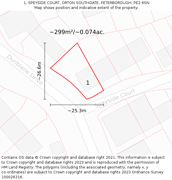 1, SPEYSIDE COURT, ORTON SOUTHGATE, PETERBOROUGH, PE2 6SN: Plot and title map