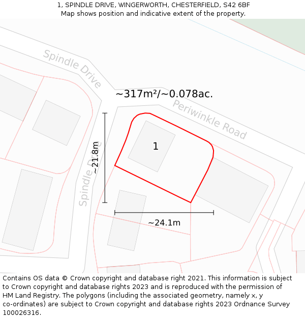 1, SPINDLE DRIVE, WINGERWORTH, CHESTERFIELD, S42 6BF: Plot and title map
