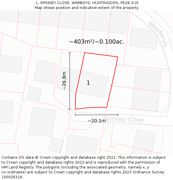 1, SPINNEY CLOSE, WARBOYS, HUNTINGDON, PE28 2UX: Plot and title map