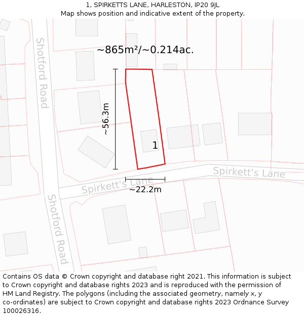 1, SPIRKETTS LANE, HARLESTON, IP20 9JL: Plot and title map