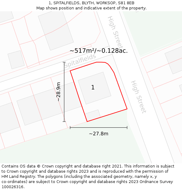 1, SPITALFIELDS, BLYTH, WORKSOP, S81 8EB: Plot and title map